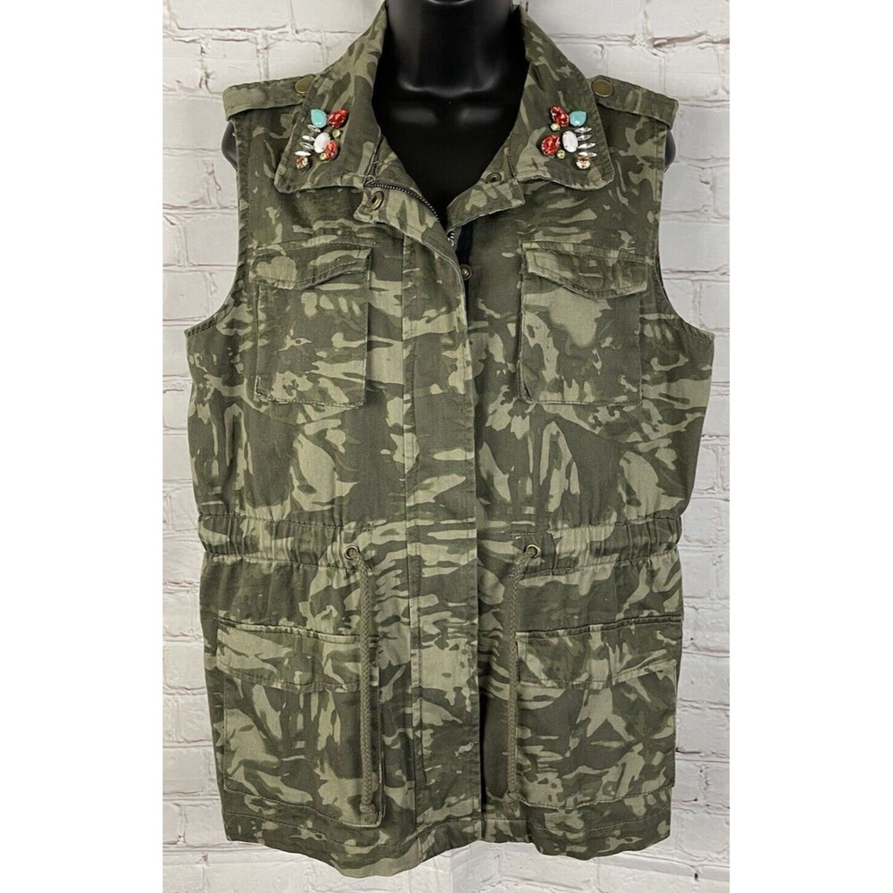 Decree Women's Camouflage Jeweled Full Zip Drawstring Waist Sleeveless Vest XL